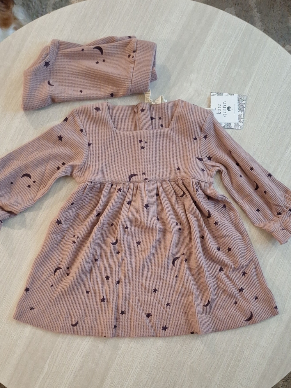 NWT kate quinn Mauve Star & Moon Waffle-Knit Long-Sleeve Dress With Diaper Cover